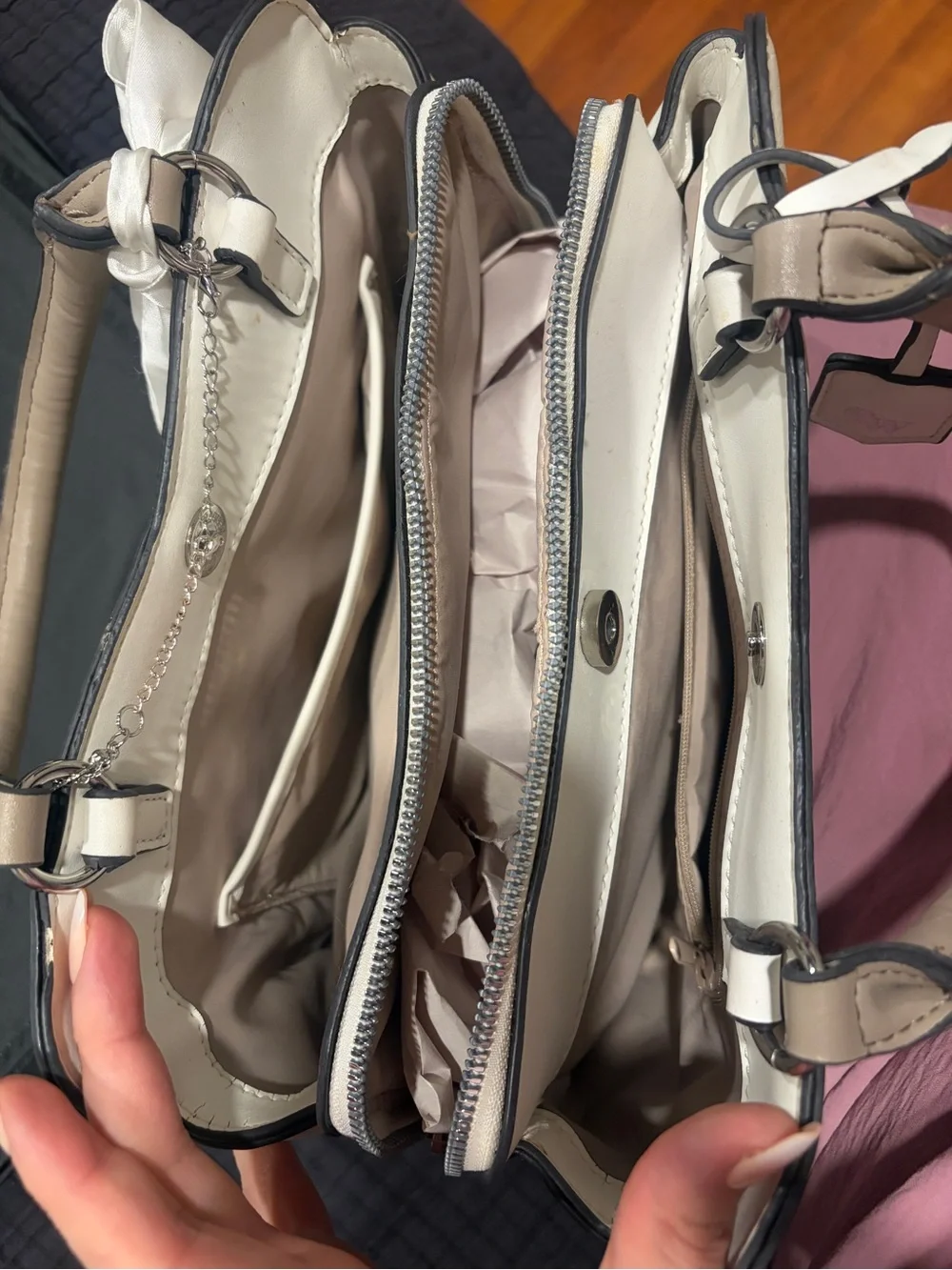 Nine West White Satchel with Gray Handles